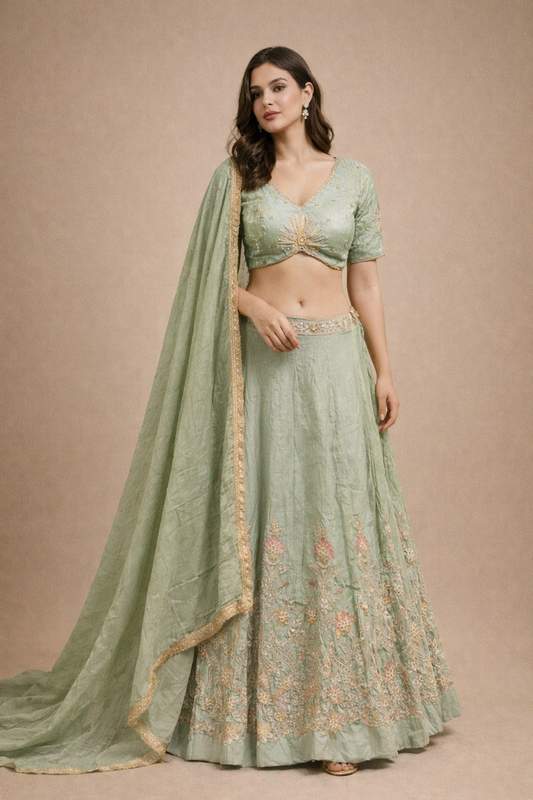 Sage Green Embroidered Designer Lehenga Choli with Dupatta
