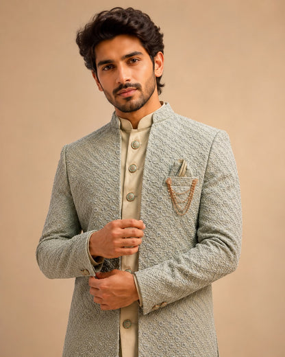 Sage Green Embroidered Indo Western Set with Designer Sherwani Jacket