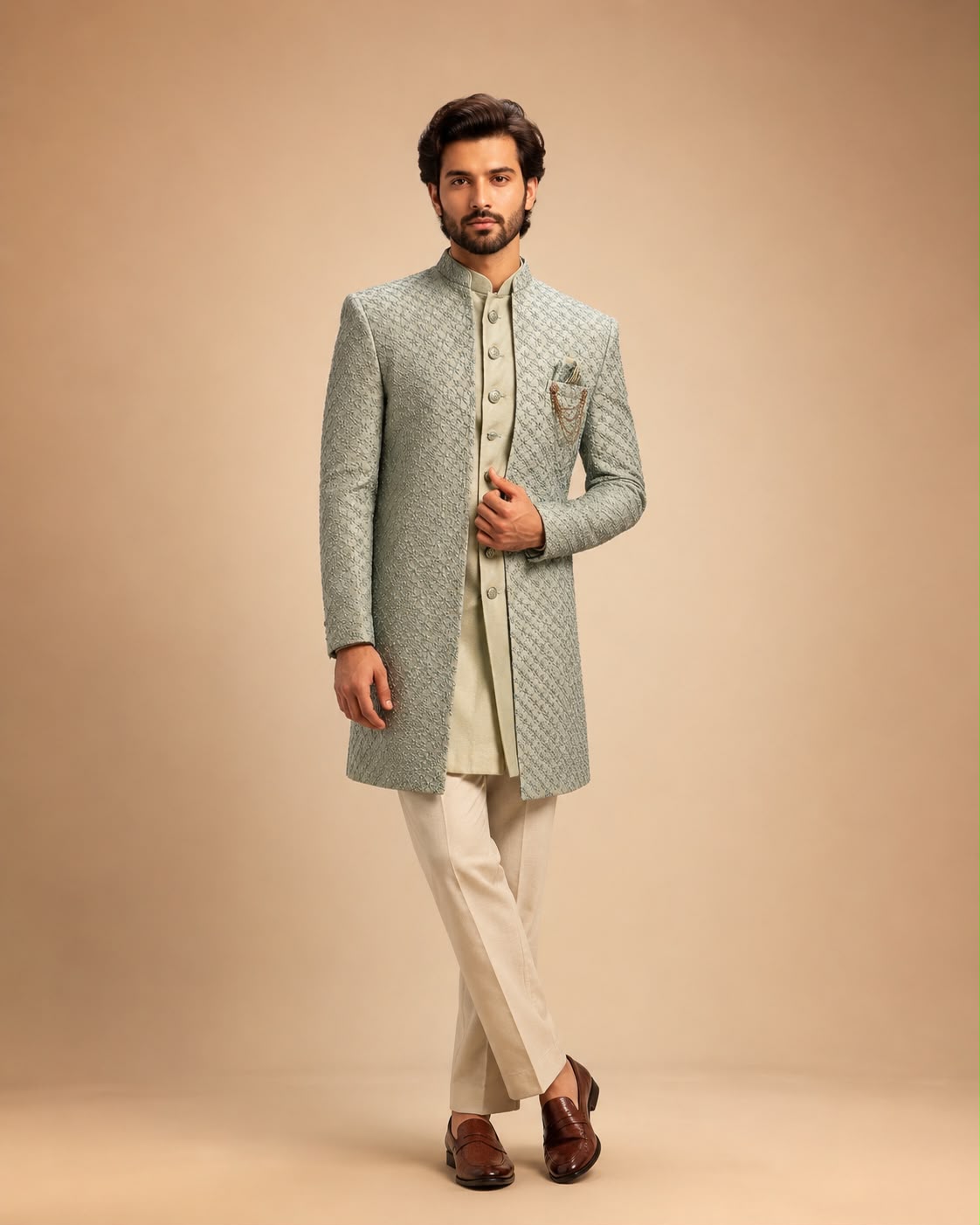 Sage Green Embroidered Indo Western Set with Designer Sherwani Jacket