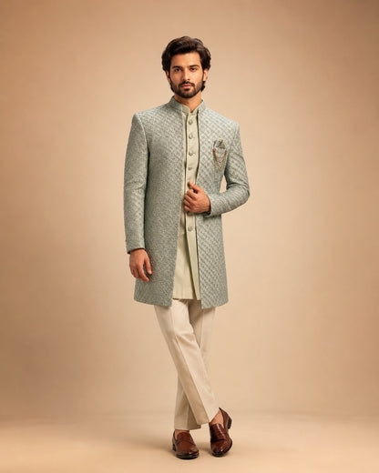 Sage Green Embroidered Indo Western Set with Designer Sherwani Jacket
