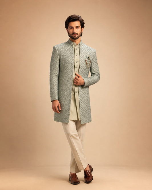 Sage Green Embroidered Indo Western Set with Designer Sherwani Jacket