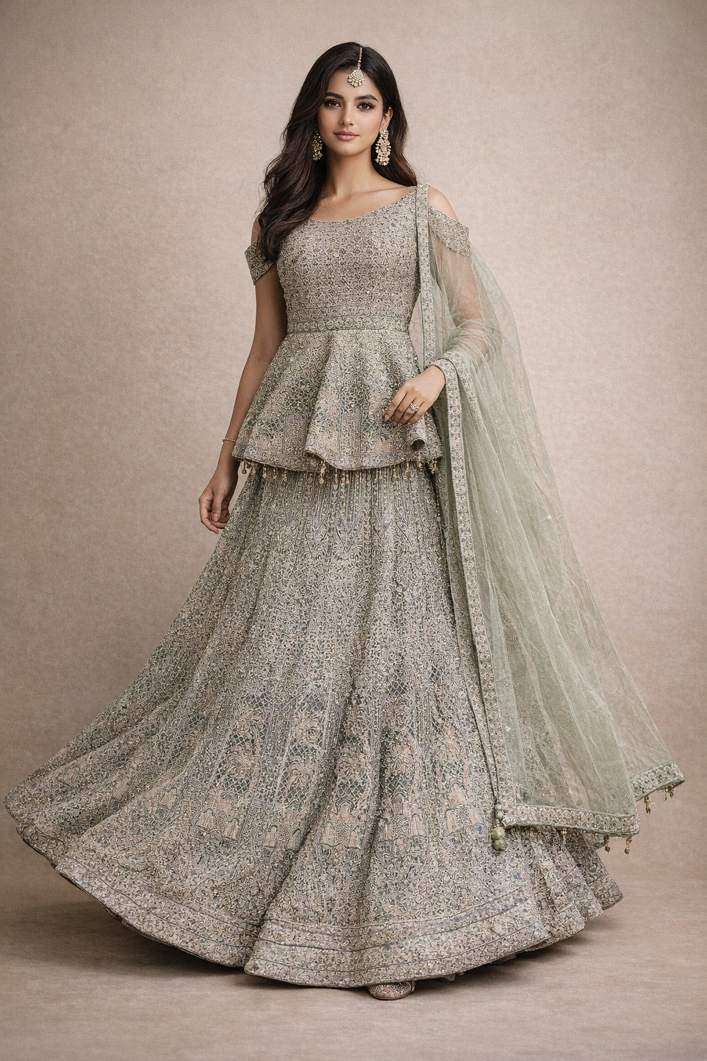 Sage Green  Embroidered Lehenga with Peplum Blouse and Net Dupatta