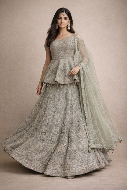 Sage Green  Embroidered Lehenga with Peplum Blouse and Net Dupatta