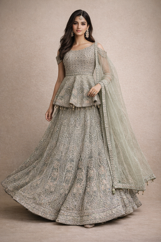 Sage Green  Embroidered Lehenga with Peplum Blouse and Net Dupatta