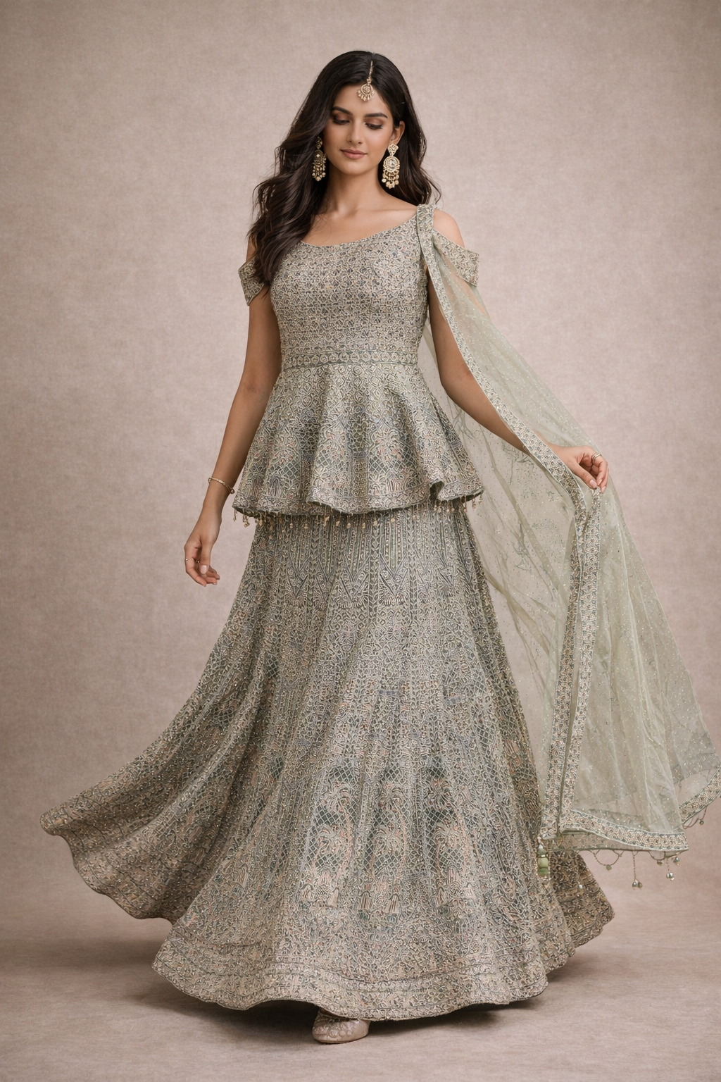 Sage Green  Embroidered Lehenga with Peplum Blouse and Net Dupatta