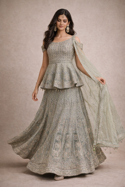 Sage Green  Embroidered Lehenga with Peplum Blouse and Net Dupatta