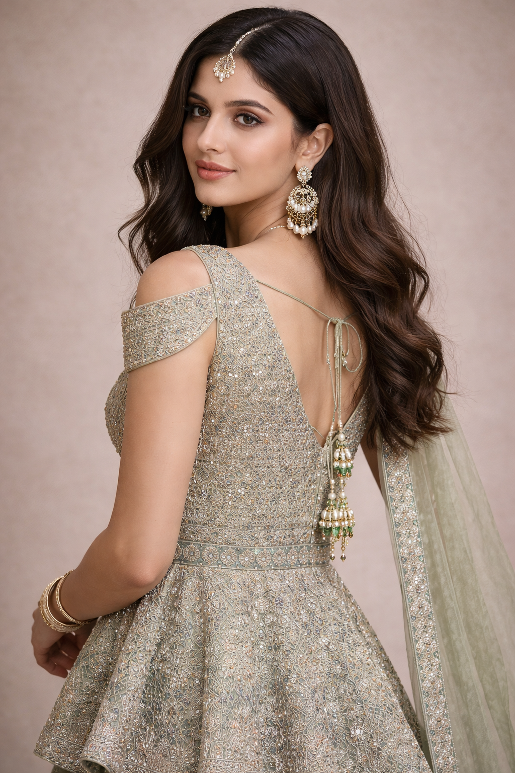 Sage Green  Embroidered Lehenga with Peplum Blouse and Net Dupatta