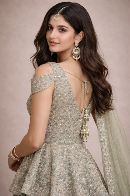 Sage Green  Embroidered Lehenga with Peplum Blouse and Net Dupatta