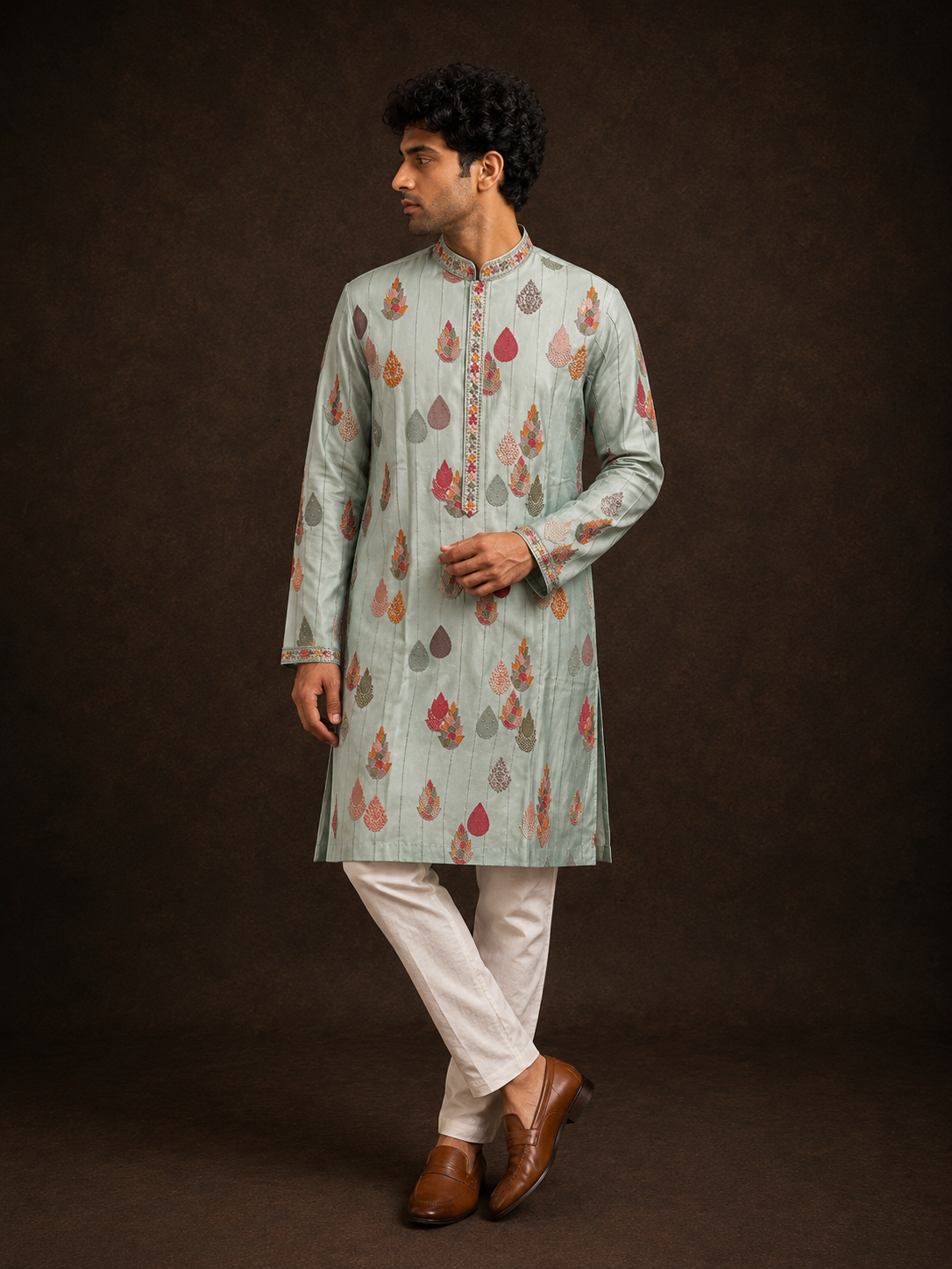Sage Green Floral Buti Printed Kurta with Multicolor Ethnic Motifs