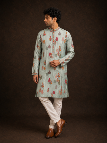 Sage Green Floral Buti Printed Kurta with Multicolor Ethnic Motifs