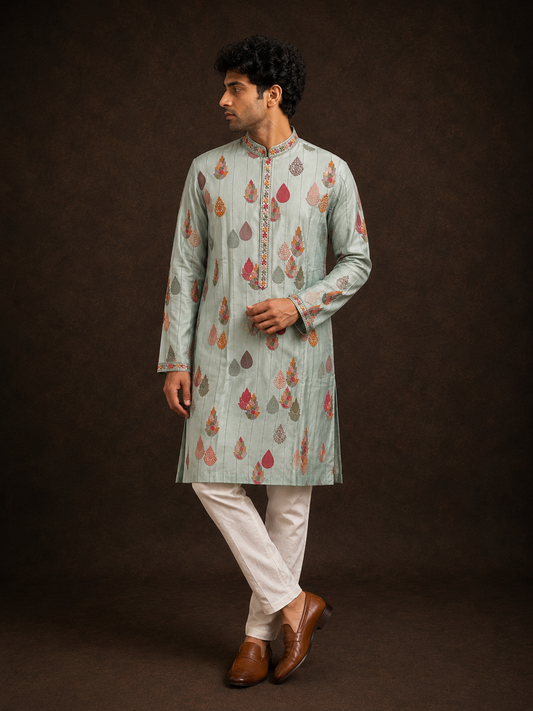Sage Green Floral Buti Printed Kurta with Multicolor Ethnic Motifs