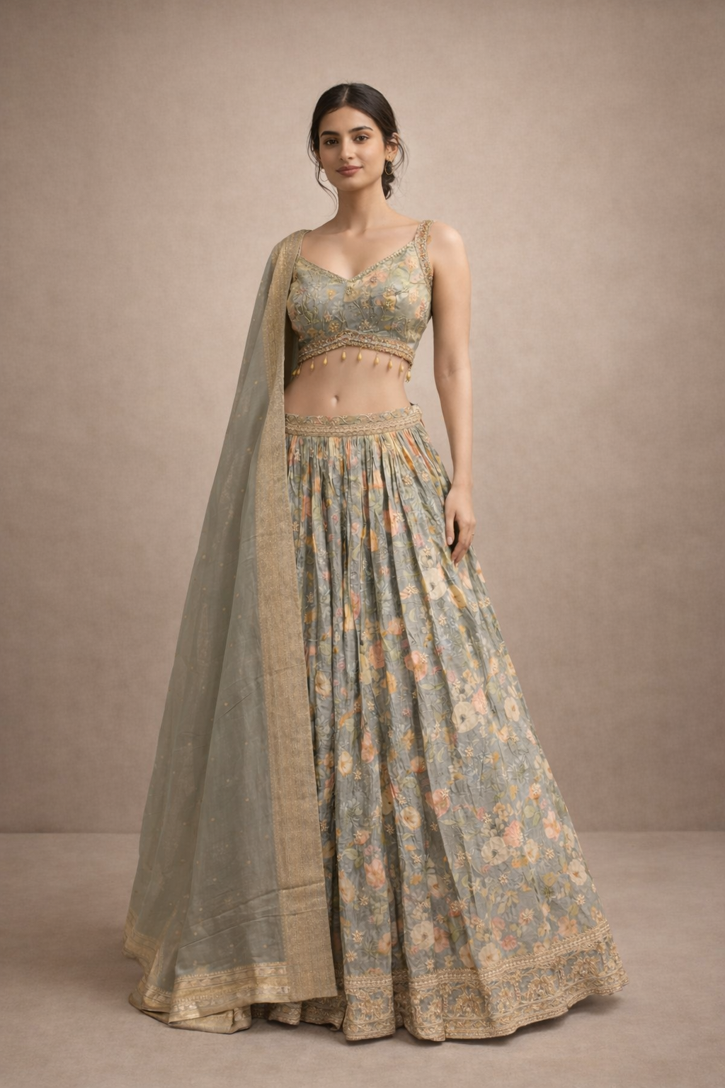 Sage Green Floral Embroidered Designer Lehenga Choli