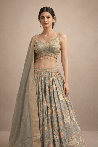 Sage Green Floral Embroidered Designer Lehenga Choli