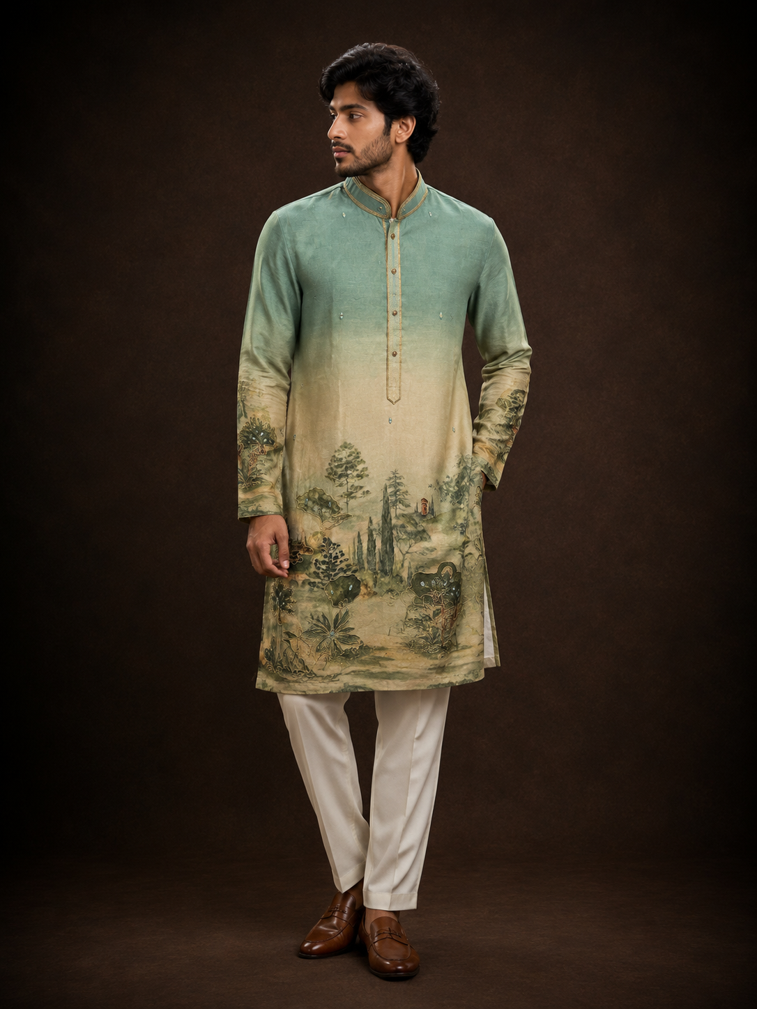 Sage Green Ombre Printed Silk Kurta for Men with Scenic Landscape Design