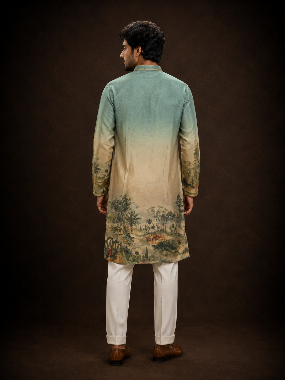 Sage Green Ombre Printed Silk Kurta for Men with Scenic Landscape Design