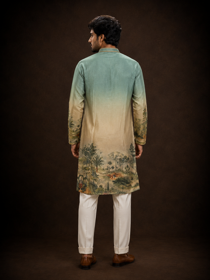 Sage Green Ombre Printed Silk Kurta for Men with Scenic Landscape Design