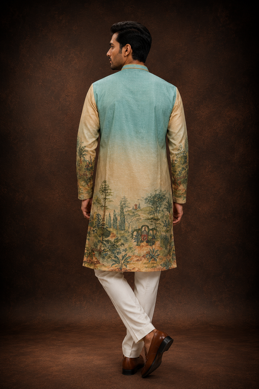 Sage Green Scenic Landscape Printed Kurta