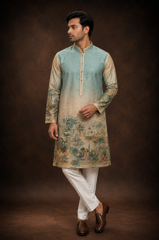 Sage Green Scenic Landscape Printed Kurta