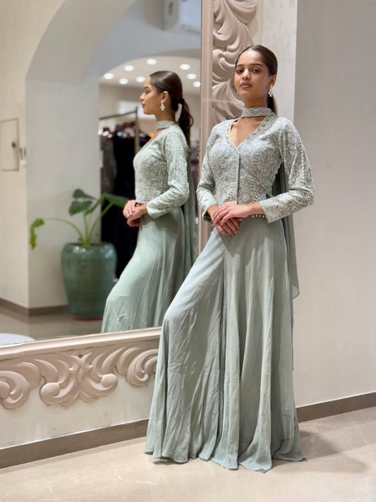 Sage Green Sequin Embellished Georgette Cape Gown Set