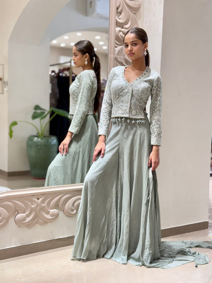 Sage Green Sequin Embellished Georgette Cape Gown Set