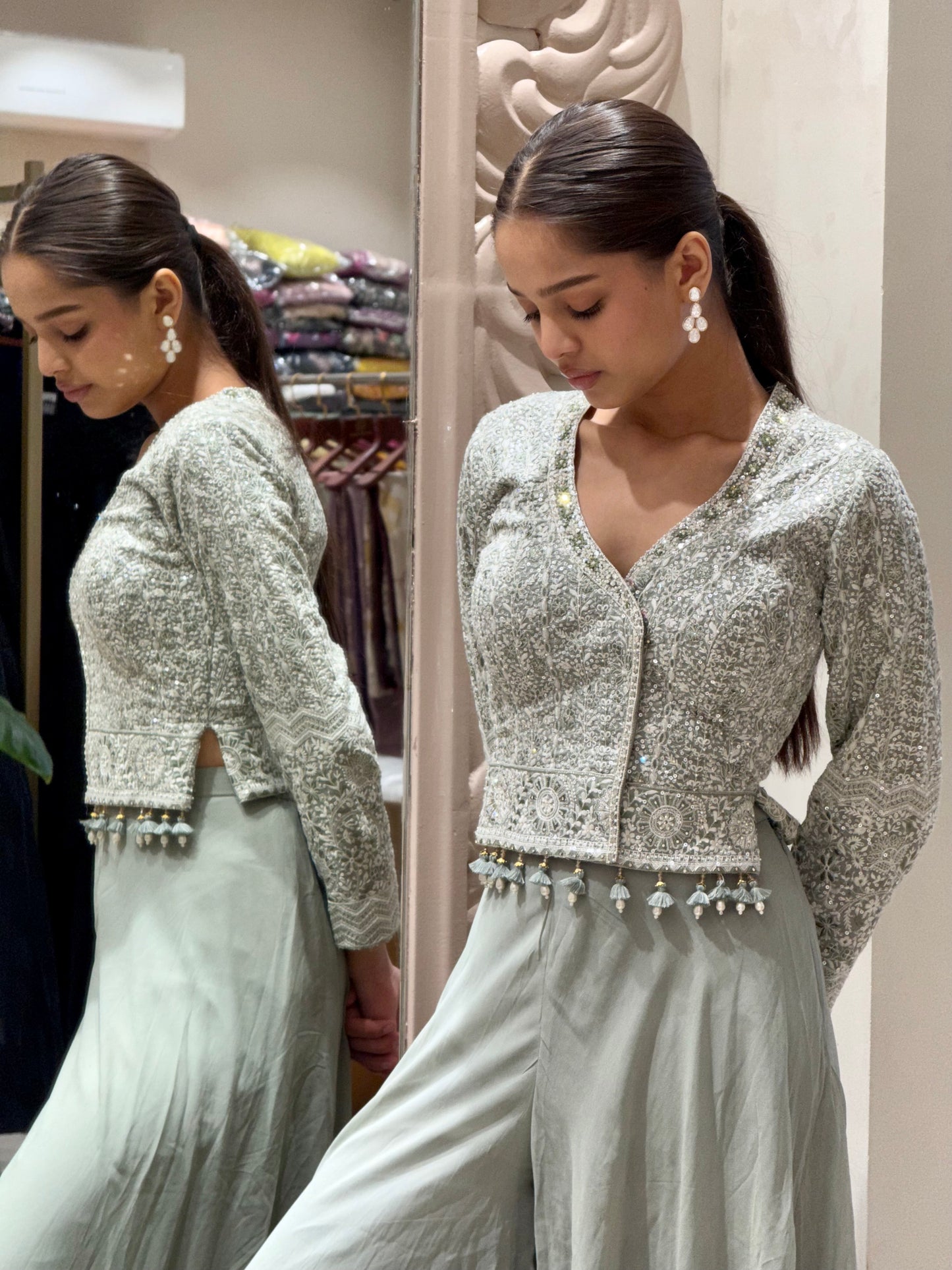 Sage Green Sequin Embellished Georgette Cape Gown Set