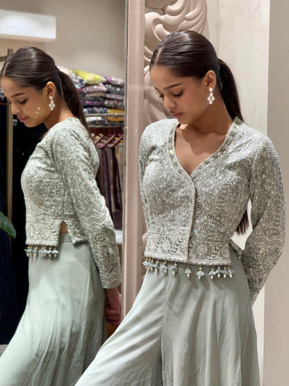 Sage Green Sequin Embellished Georgette Cape Gown Set