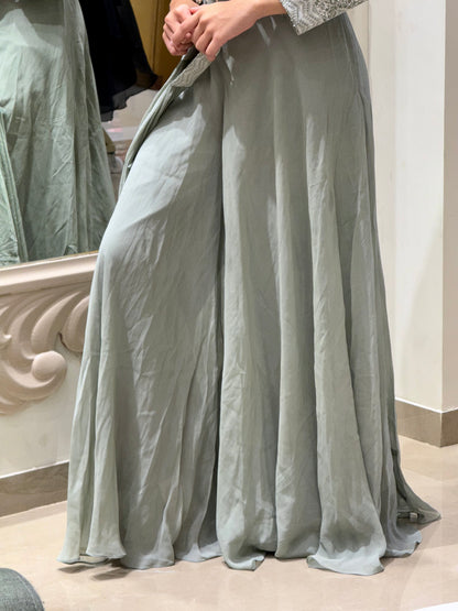 Sage Green Sequin Embellished Georgette Cape Gown Set