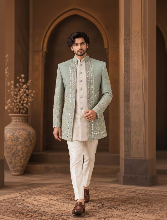 Sage Green Embroidered Indo Western Sherwani Bandhgala Jacket Set