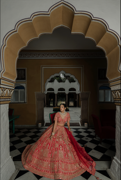 Scarlet Red Silk Bridal Lehenga with Zari & Sequins Embroidery