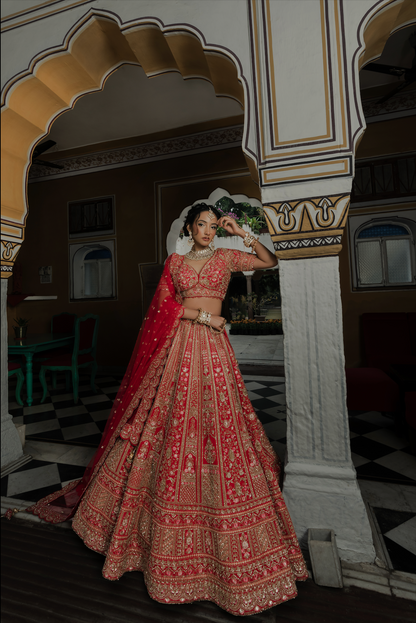 Scarlet Red Silk Bridal Lehenga with Zari & Sequins Embroidery