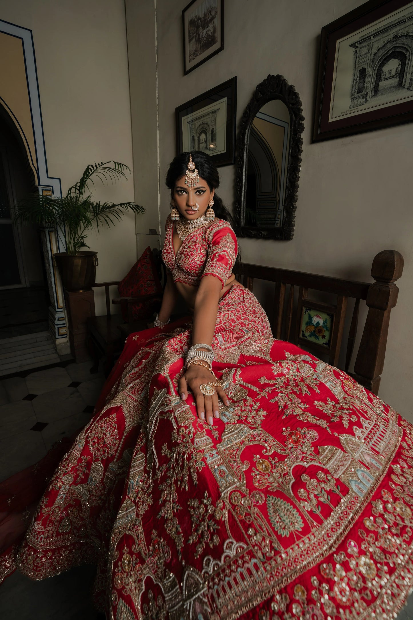 Scarlet Red Silk Lehenga with Zardosi & Architectural Motif Embroidery