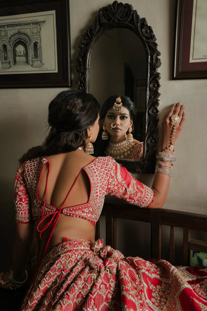 Scarlet Red Silk Lehenga with Zardosi & Architectural Motif Embroidery