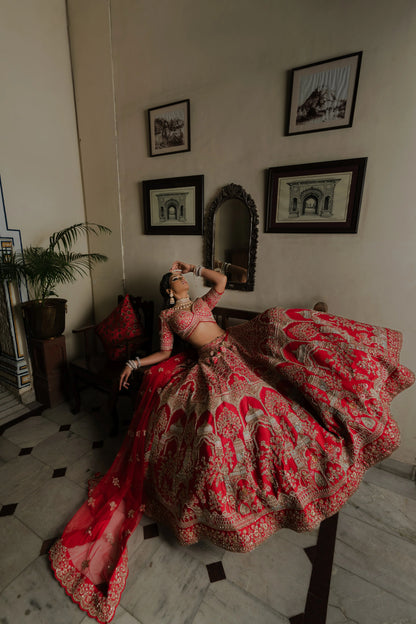 Scarlet Red Silk Lehenga with Zardosi & Architectural Motif Embroidery