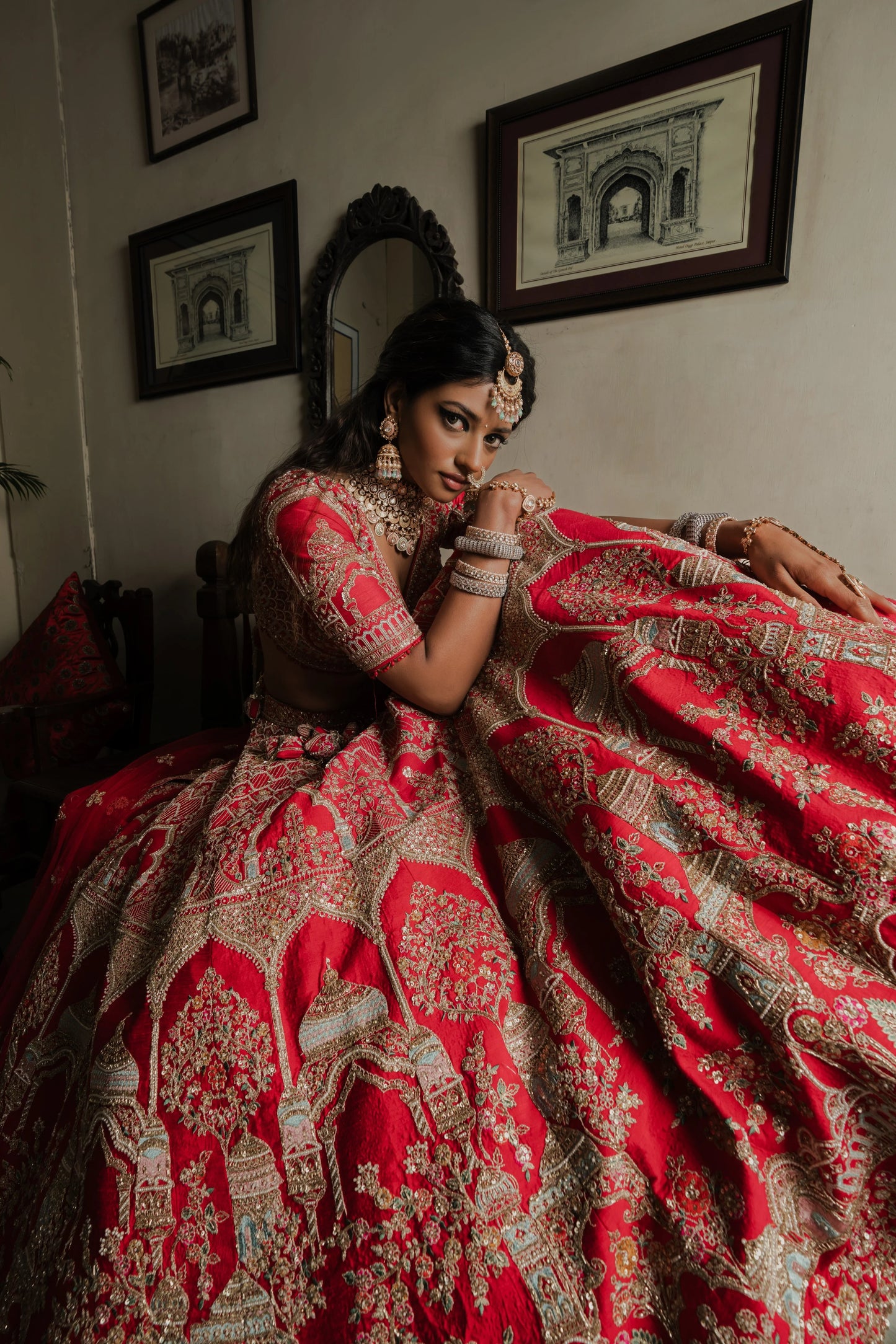 Scarlet Red Silk Lehenga with Zardosi & Architectural Motif Embroidery