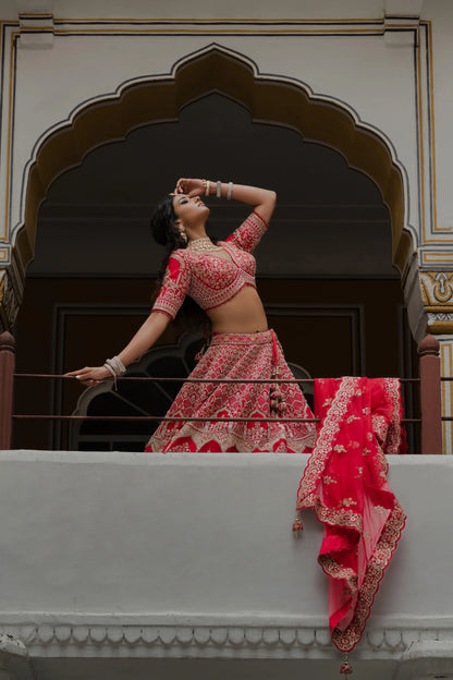 Scarlet Red Silk Lehenga with Zardosi & Architectural Motif Embroidery