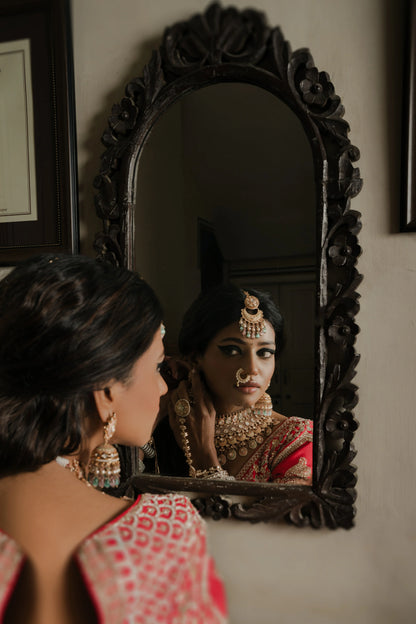 Scarlet Red Silk Lehenga with Zardosi & Architectural Motif Embroidery
