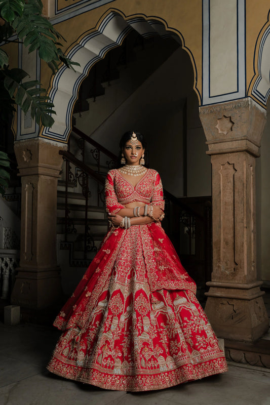 Scarlet Red Silk Lehenga with Zardosi & Architectural Motif Embroidery
