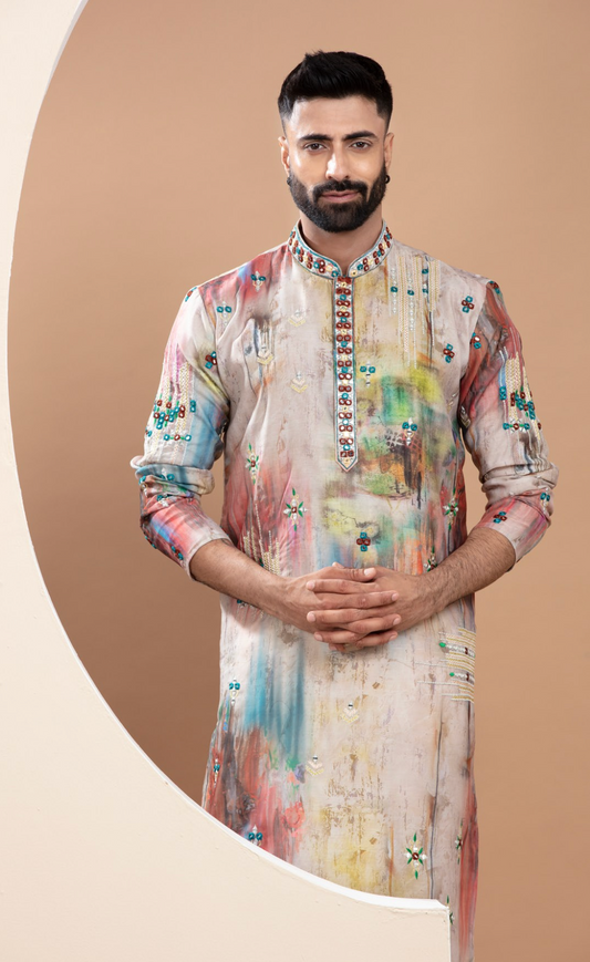 Multi Colour Pixelated Printed Kurta Set