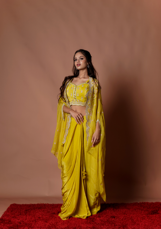Mustard Embroidered Cape Set
