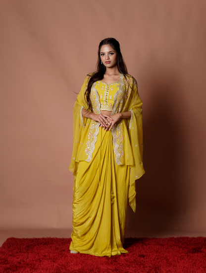 Mustard Embroidered Cape Set