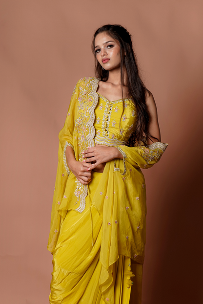 Mustard Embroidered Cape Set