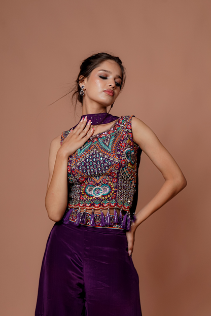 Purple Embroidered  work Palazzo Set