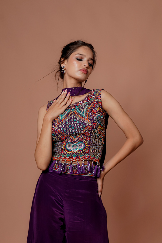 Purple Embroidered  work Palazzo Set