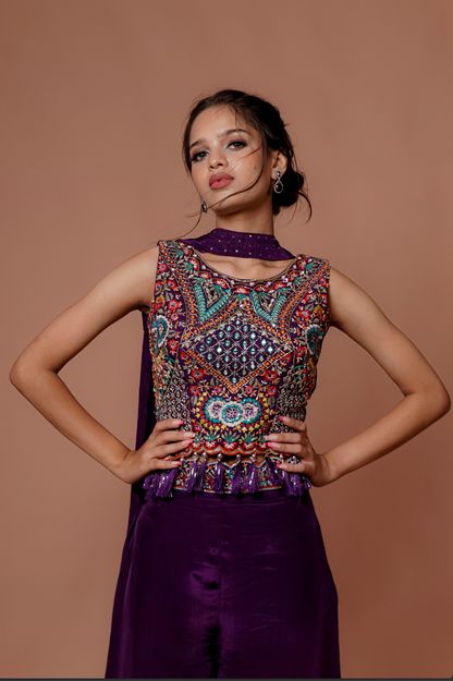 Purple Embroidered  work Palazzo Set