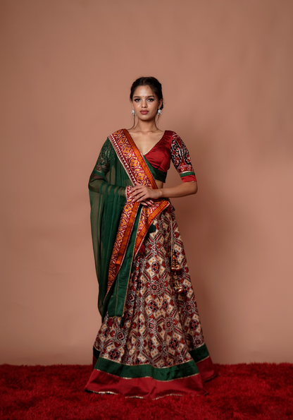 Red & Green Bandhani Printed Chanaya Choli