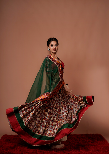 Red & Green Bandhani Printed Chanaya Choli
