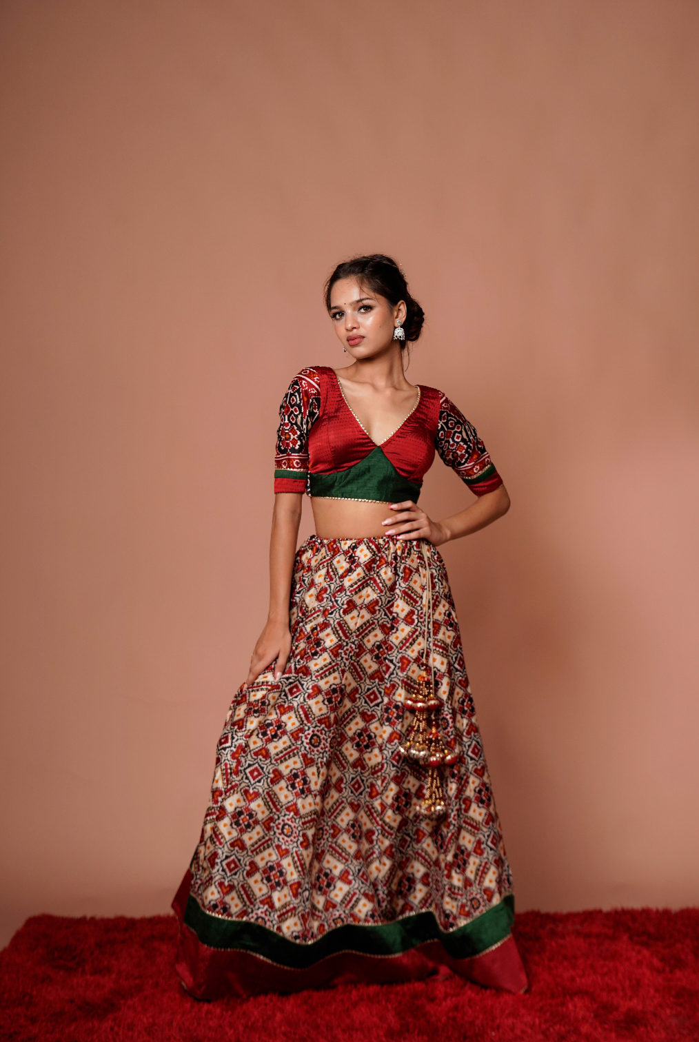Red & Green Bandhani Printed Chanaya Choli