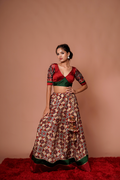 Red & Green Bandhani Printed Chanaya Choli