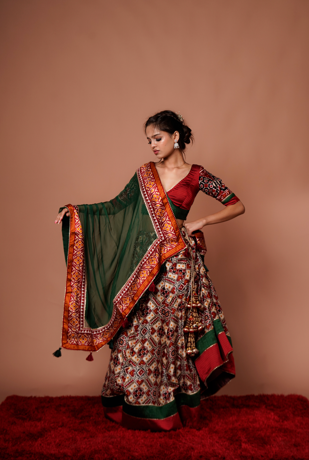 Red & Green Bandhani Printed Chanaya Choli