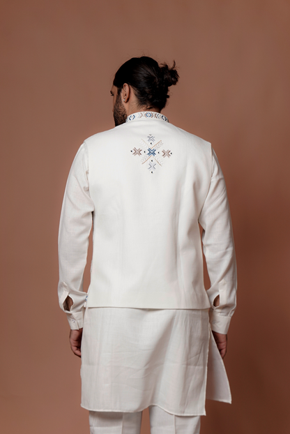 White Handcraft Work Kurta Jacket Set
